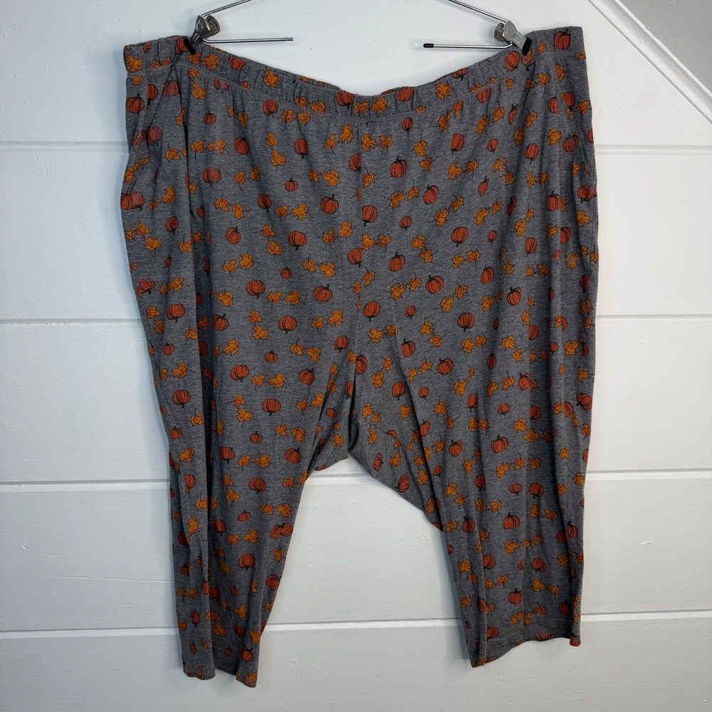 Catherines Women 5X Gray Pumpkin Autumn Leaf Print Crop Pajama Pants Pockets